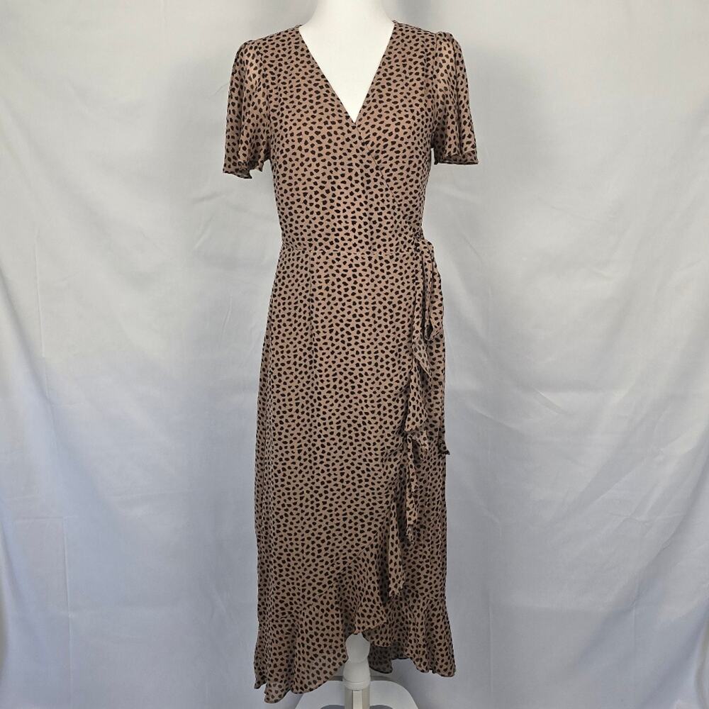 Brown & Black Cheetah Print Wrap Midi Dress, V-Neck Ruffle Hem — Size M